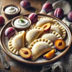 Lengyel szilvás pierogi porcukorral és tejföllel tálalva