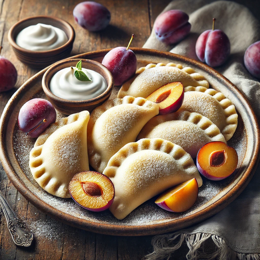 Hagyományos lengyel pierogi szilvás töltelékkel, édesen tálalva
