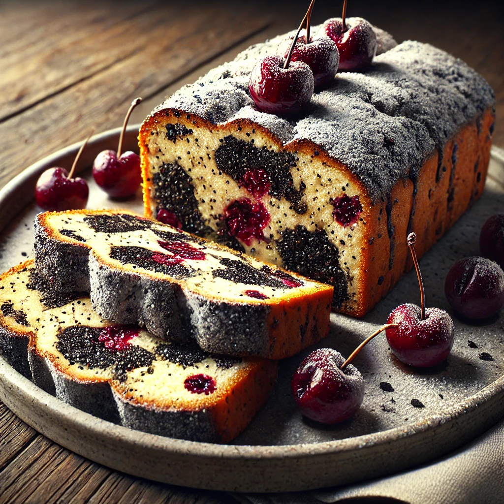 Porcukorral szórt stollen szeletek mákkal és meggyel töltve
