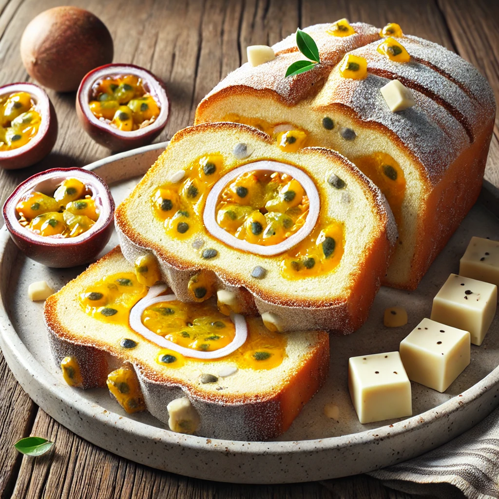 Porcukorral szórt stollen szeletek maracuja és fehér csokoládé töltelékkel