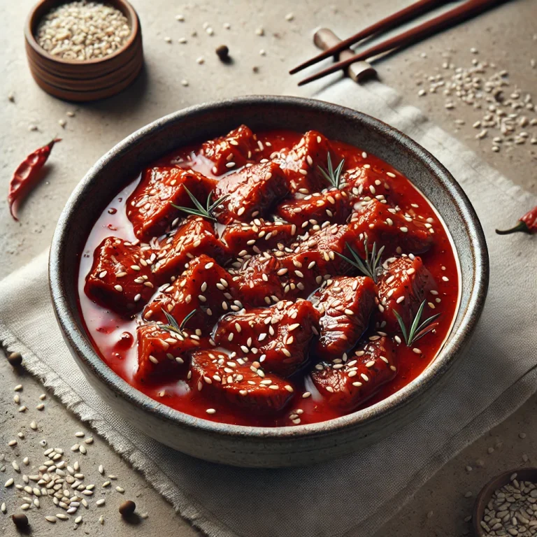 Marha Bulgogi Szezámmaggal koreai stílusú étel tálalva