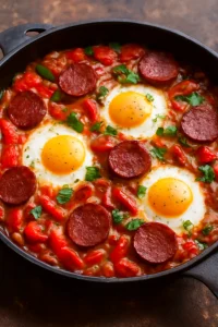 Frissen készült Menemen sucukkal török reggeli tojással, paprikával és paradicsommal