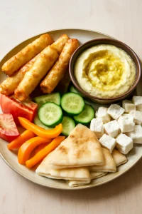 Friss börek, hummusz, fetasajt és zöldségek egy tálban