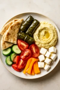 Friss dolma, hummusz, fetasajt és zöldségek egy tálban