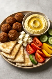 Friss falafel, hummusz, fetasajt és zöldségek egy tálban
