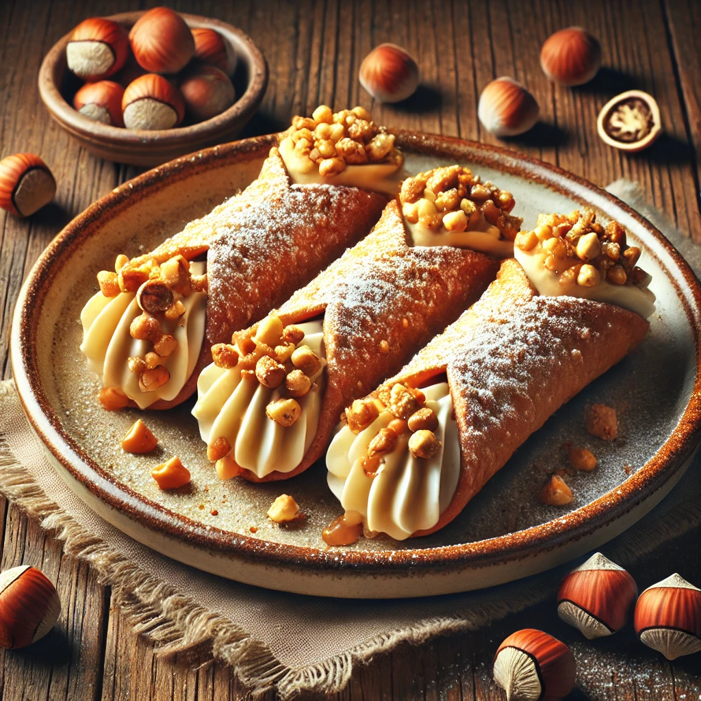 Ricottával, karamellel és mogyoróval töltött gazdag olasz cannoli
