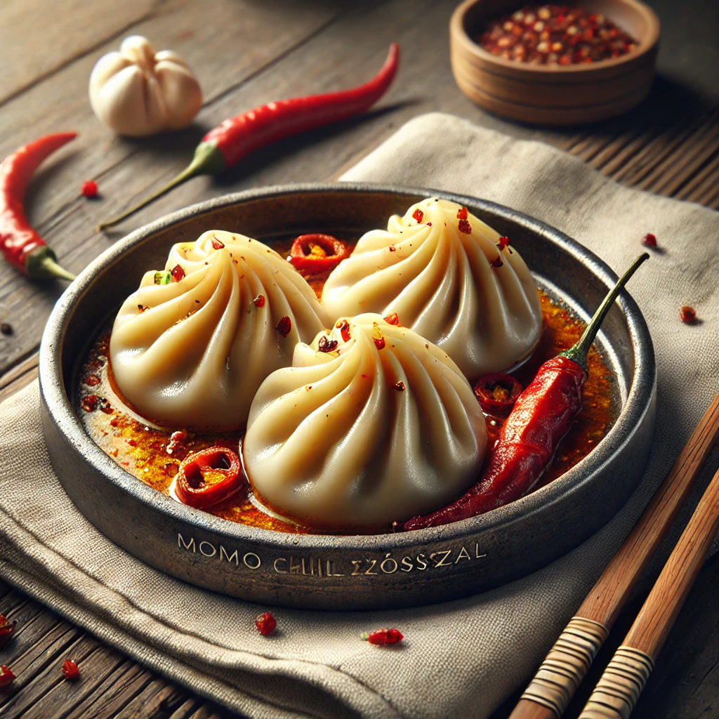 Párolt chili szósszal töltött momo tálalva