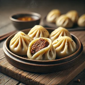 Párolt marhahúsos momo tálalva
