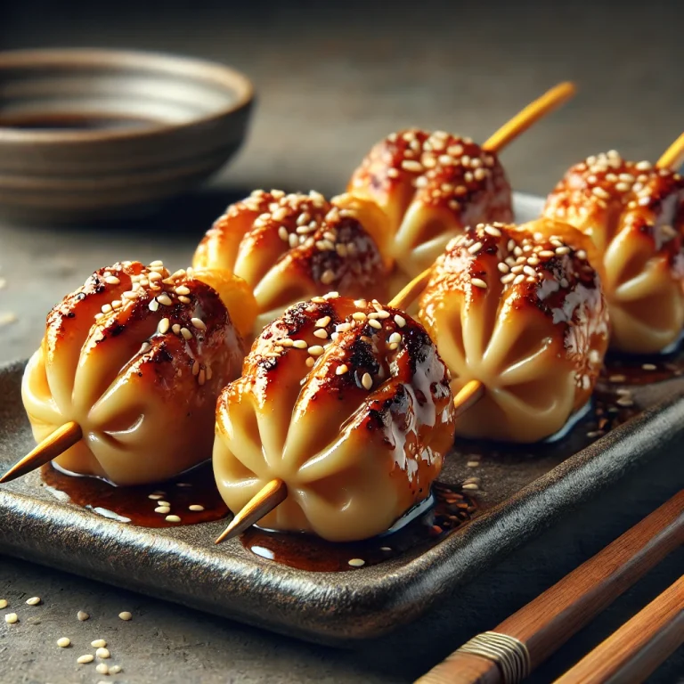 Momo yakitori csirkecomb pálcikán, szezámmaggal és friss zöldhagymával tálalva