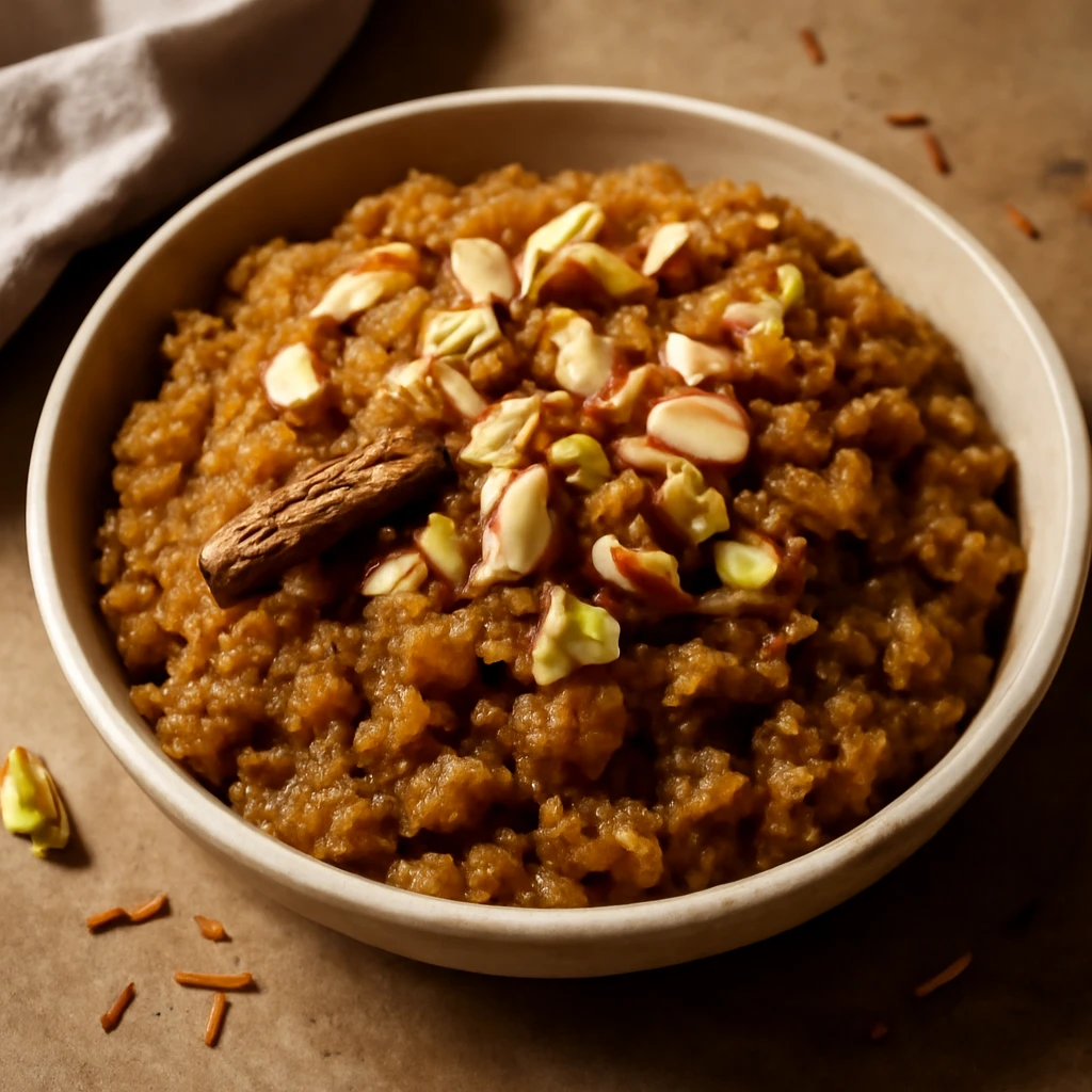Indiai édesség Moong Dal Halwa készítése pörkölt dióval és rózsavízzel