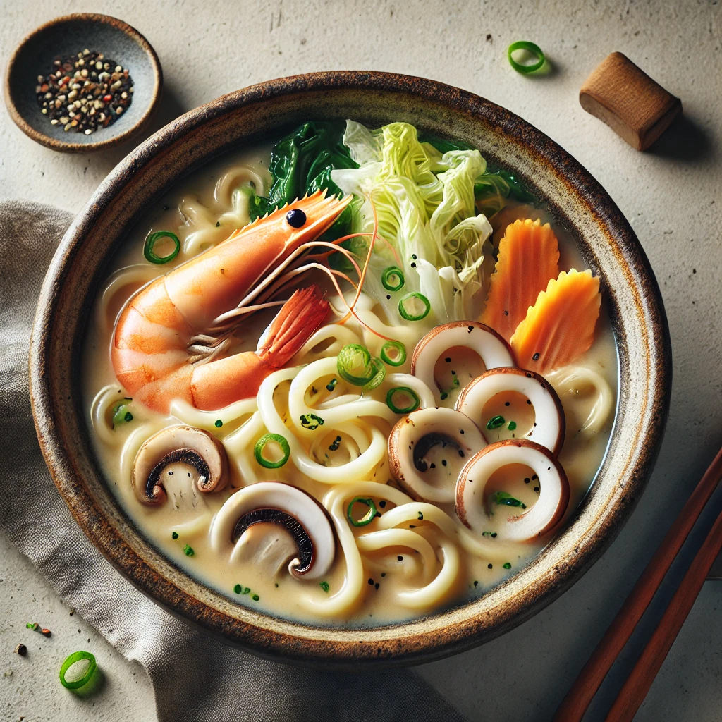 Gazdag, tenger gyümölcseivel és zöldségekkel készült japán tésztaleves tejes alaplében