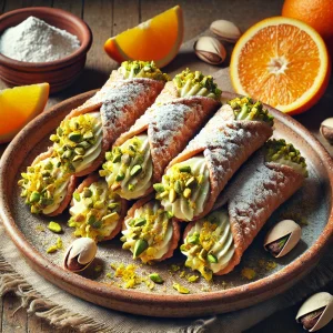 Ricottával, narancshéjjal és pisztáciával töltött olasz cannoli desszert