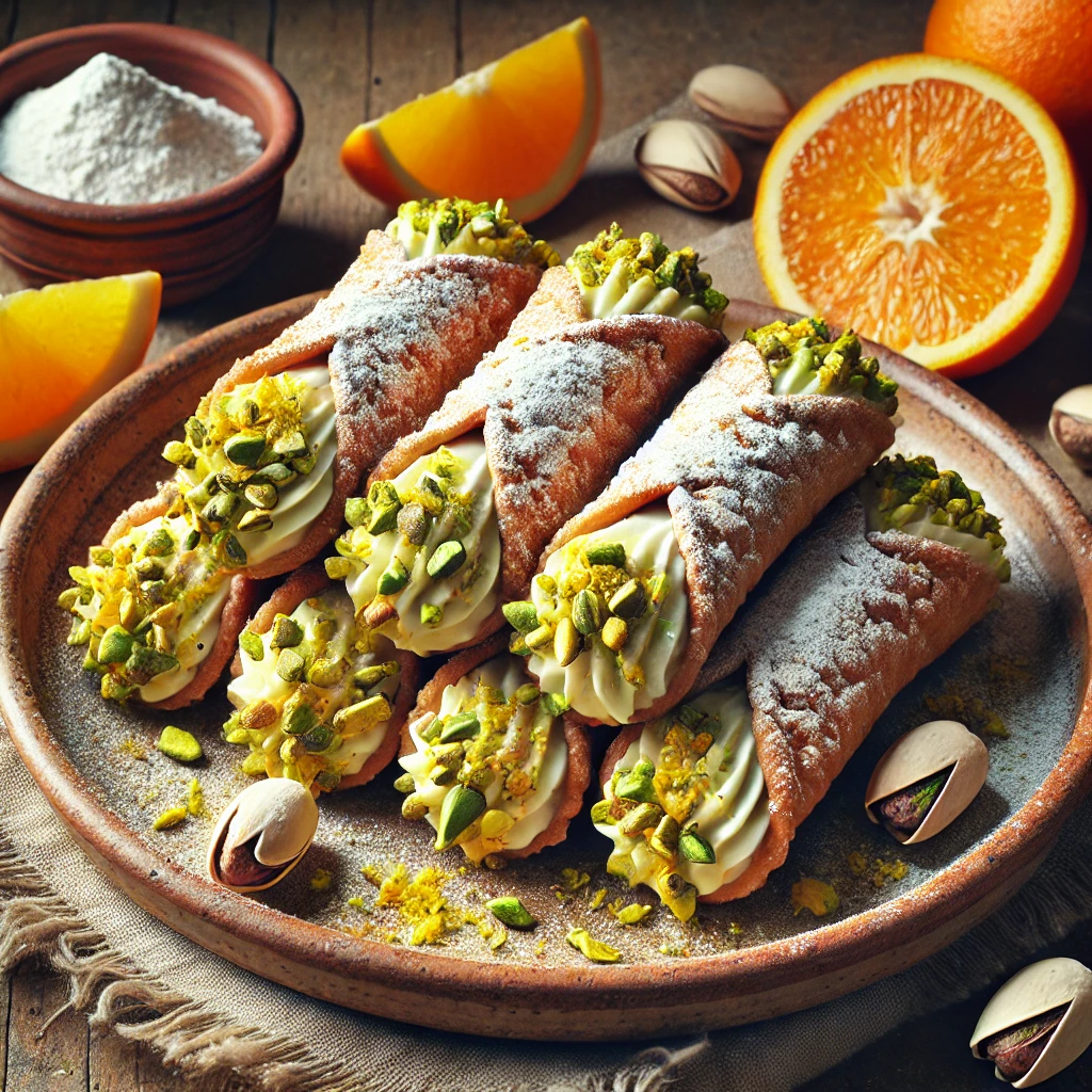 Ricottával, narancshéjjal és pisztáciával töltött olasz cannoli desszert