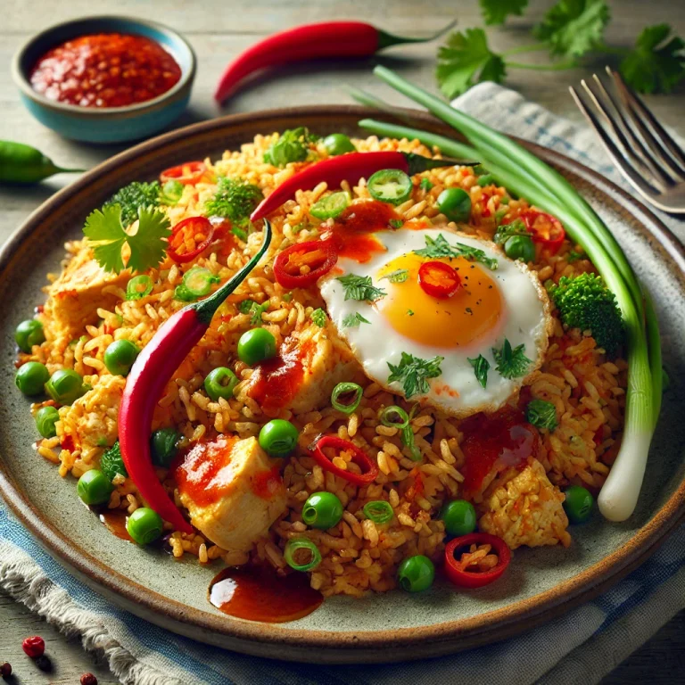Nasi Goreng Chili Szósszal, gazdag fűszerekkel és chili szósszal tálalva