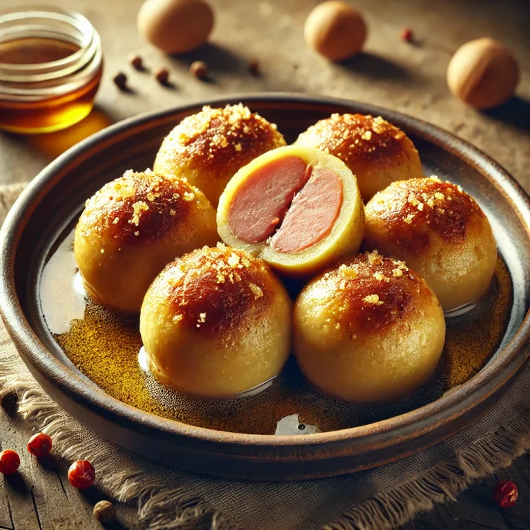Német füstölt húsos knödel barna vajjal tálalva