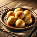 Német knödel zsemlegombóc barna mártással tálalva
