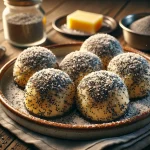 Német mákos knödel vajjal és porcukorral tálalva