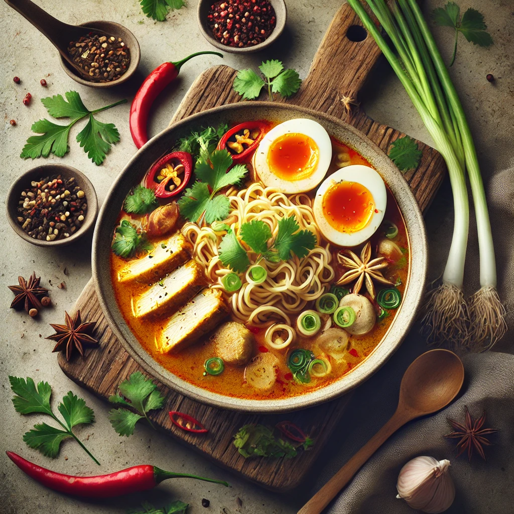 Tamarindos laksa, tészta és csirke, ropogós zöldségekkel tálalva