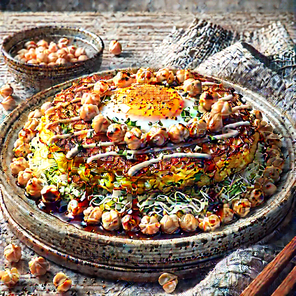 Friss okonomiyaki csicseriborsóval és káposztával tálalva