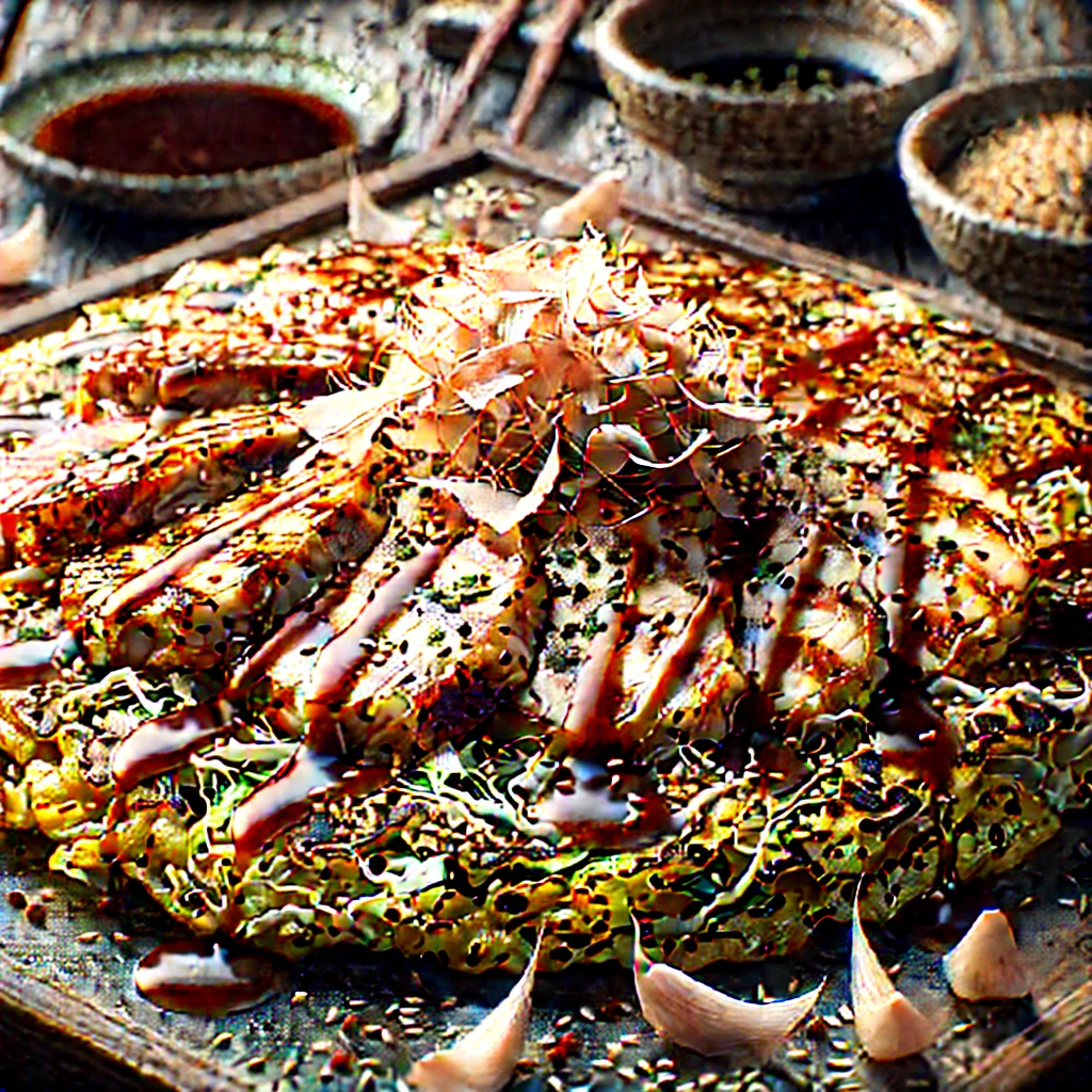 Párolt csirkehúsos okonomiyaki tálalva