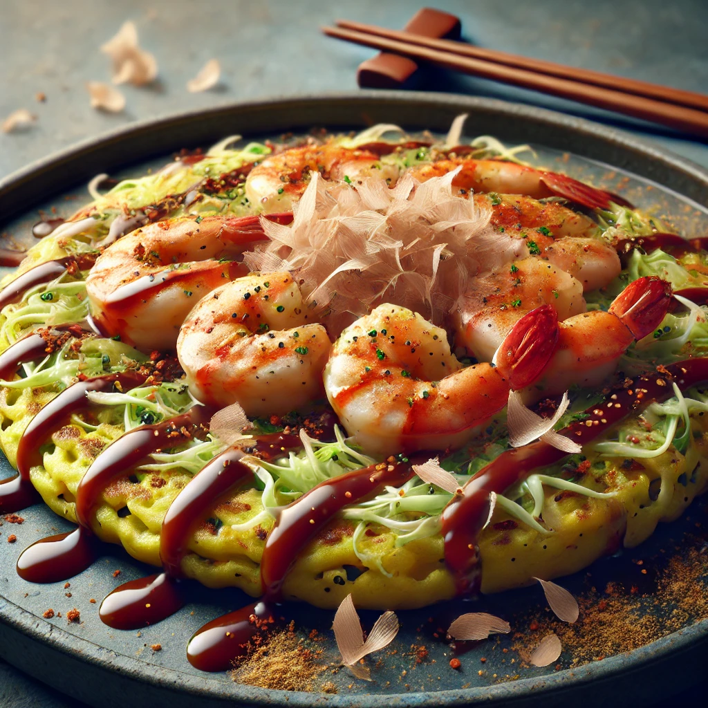 Párolt garnélás okonomiyaki tálalva