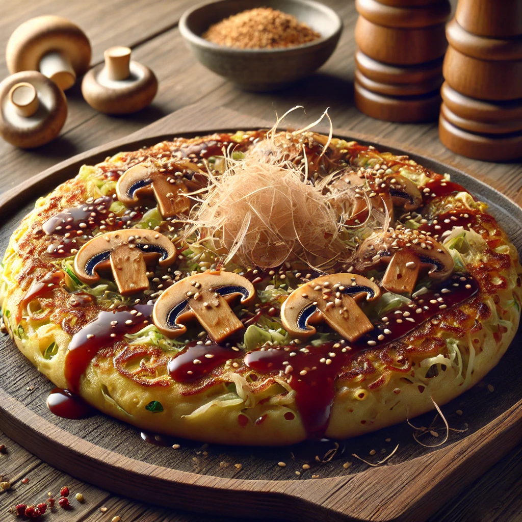 Párolt gombás okonomiyaki tálalva