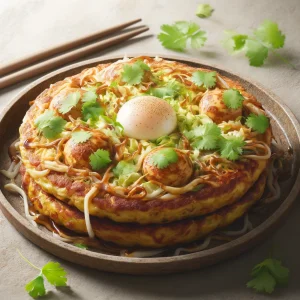 Friss okonomiyaki korianderrel és káposztával tálalva