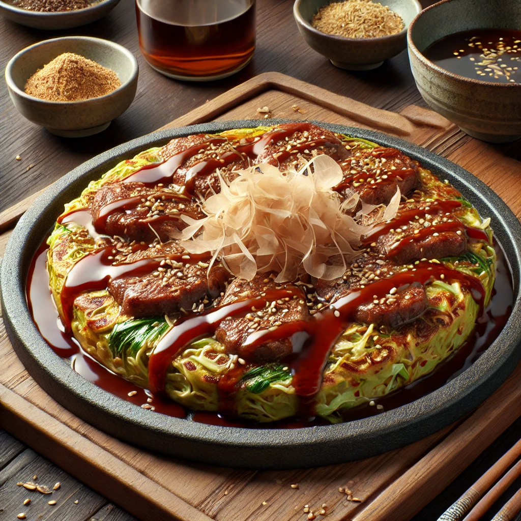 Párolt marhahúsos okonomiyaki tálalva