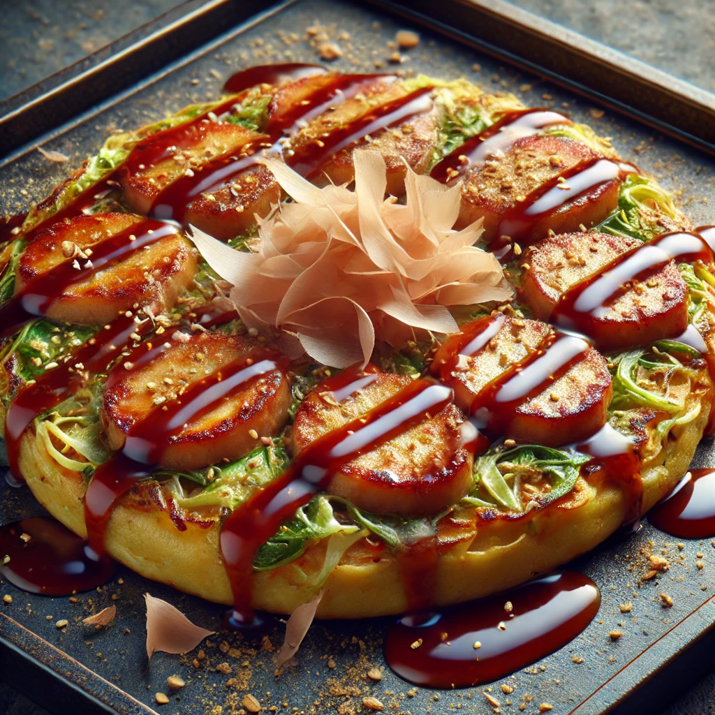 Párolt sertéshúsos okonomiyaki tálalva