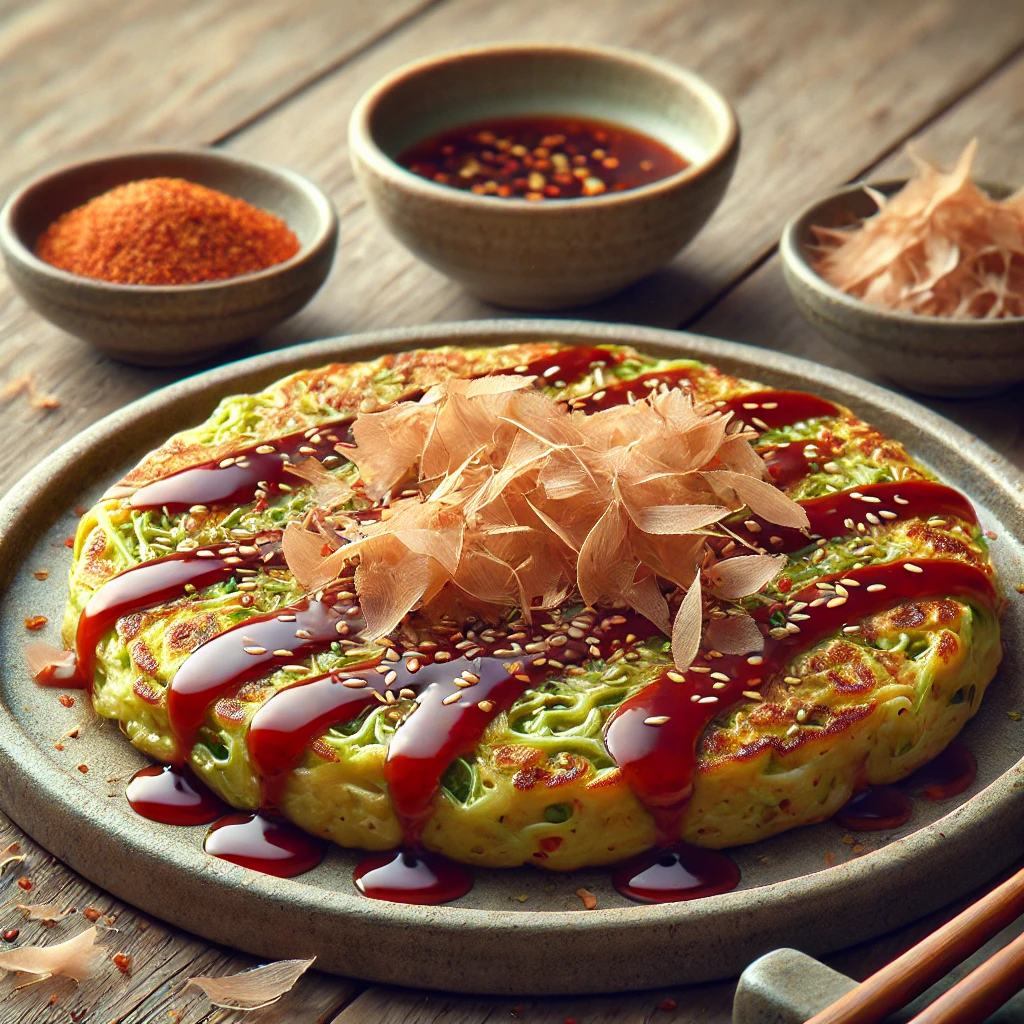 Párolt szezámolajos okonomiyaki tálalva