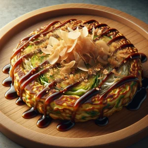 Párolt szójaszószos okonomiyaki tálalva
