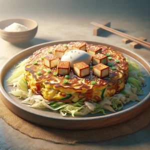 Friss okonomiyaki tofuval és káposztával tálalva