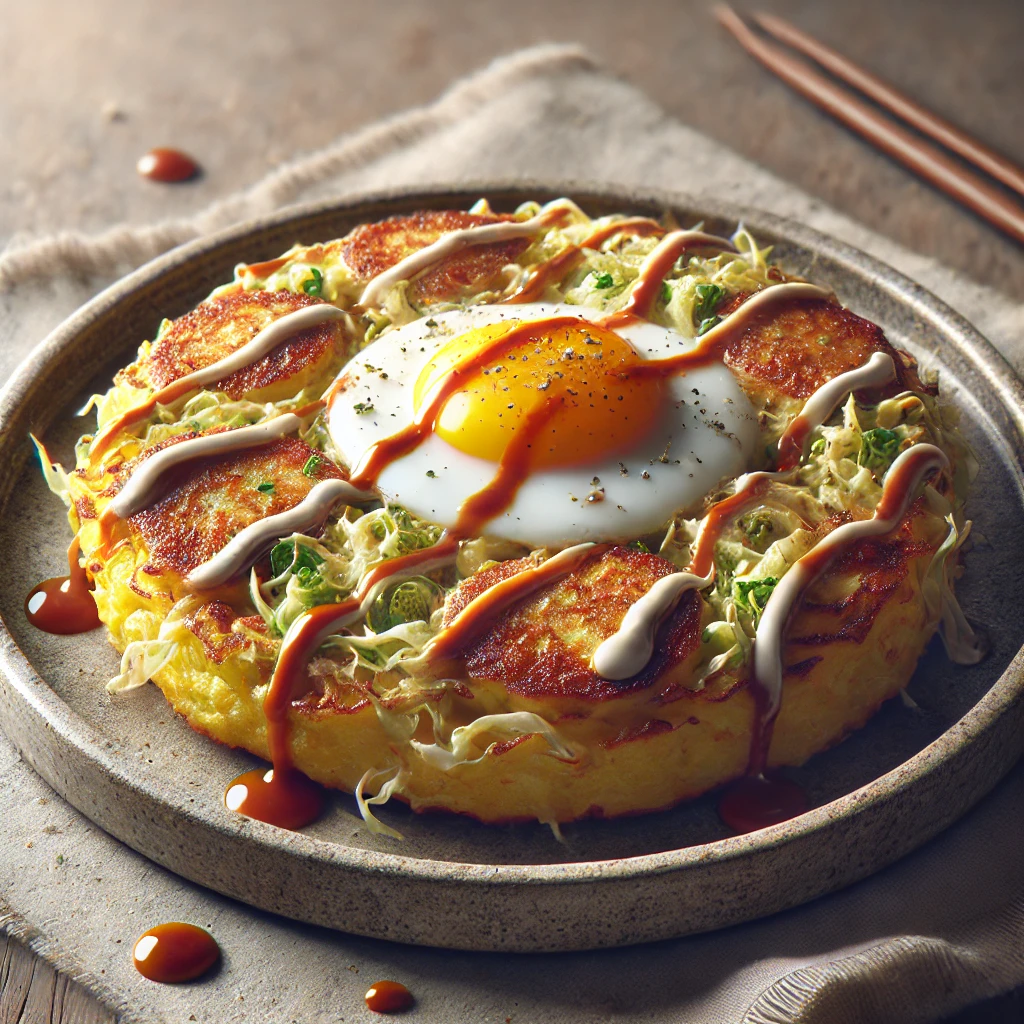 Friss okonomiyaki tojással és káposztával tálalva