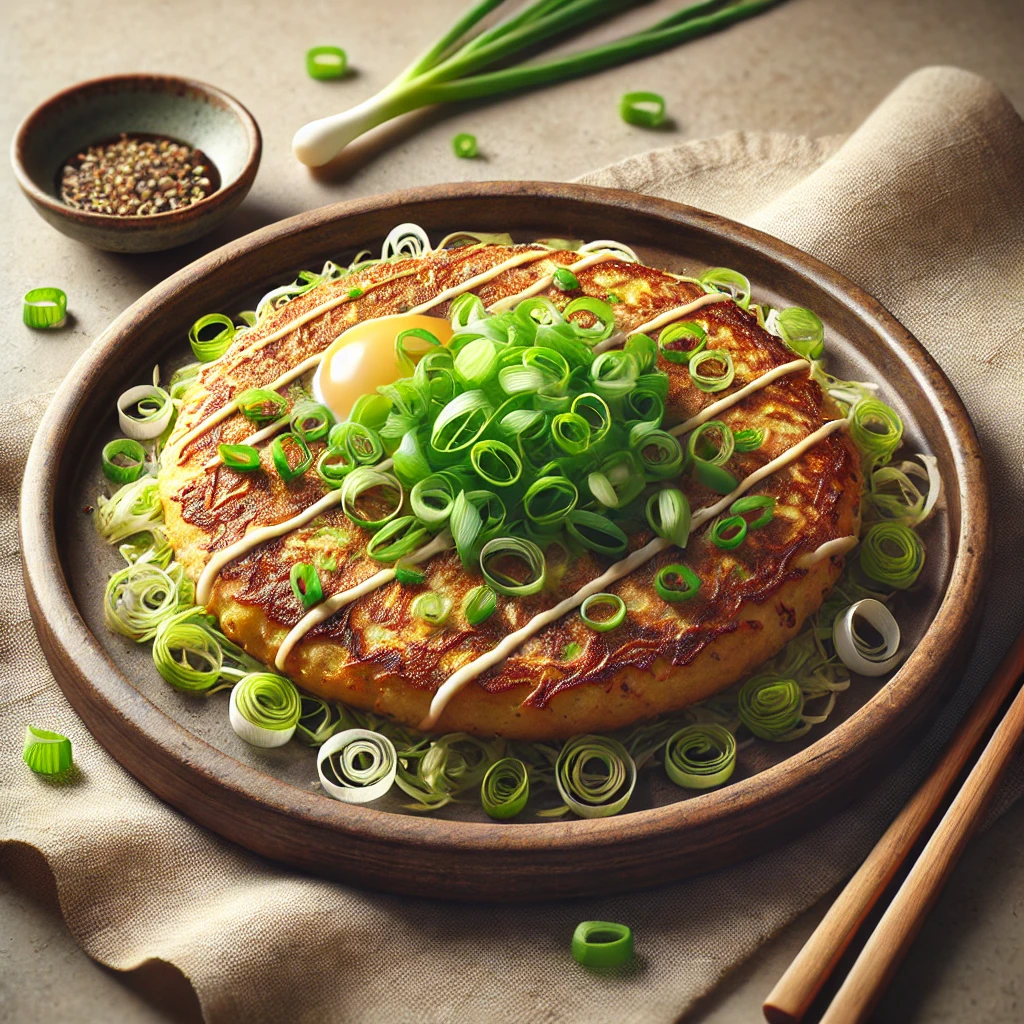 Friss okonomiyaki újhagymával és káposztával tálalva