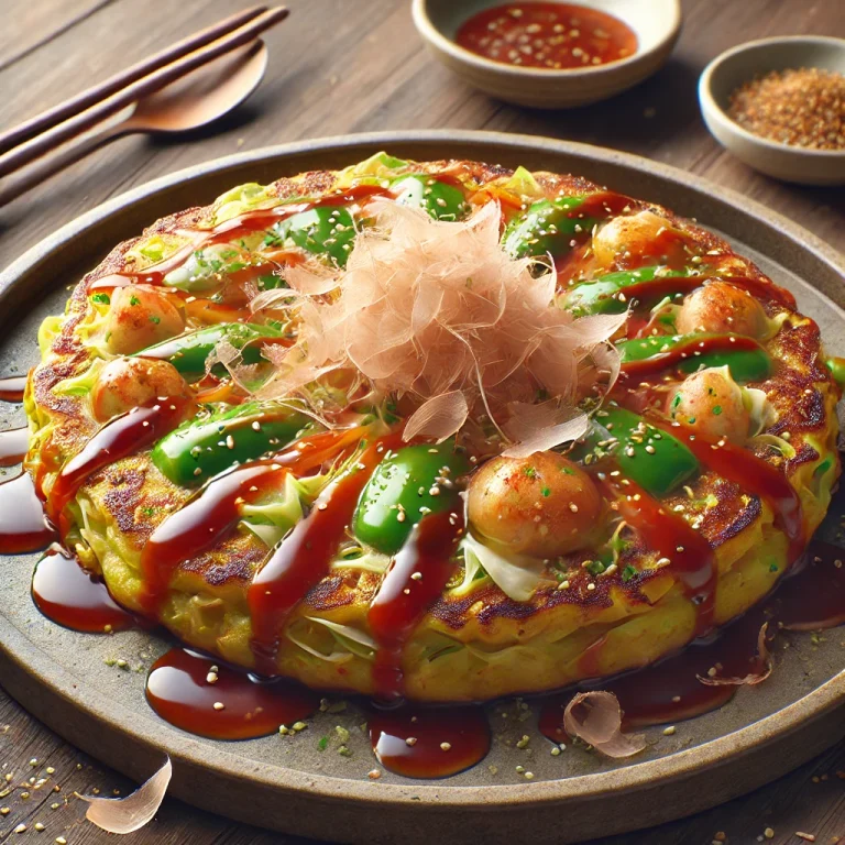 Zöldségekkel készült okonomiyaki tálalva, okonomiyaki szósszal és bonito pelyhekkel