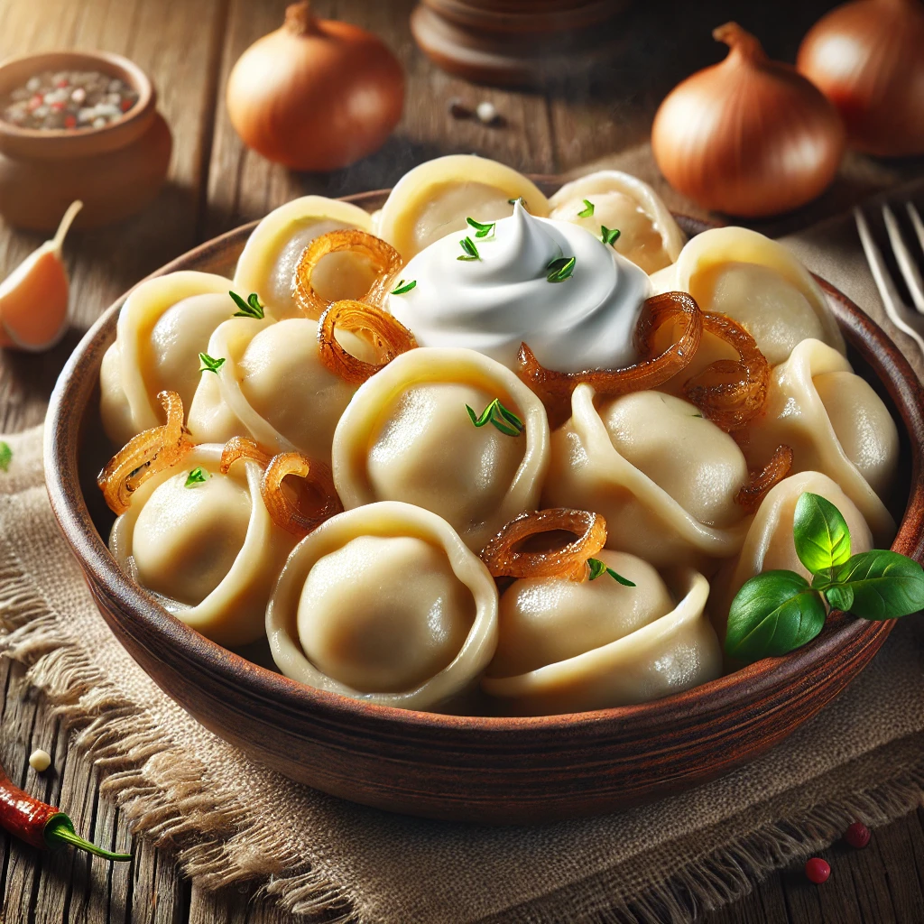 Házi készítésű orosz hagymás pelmeni karamellizált hagymával és tejföllel