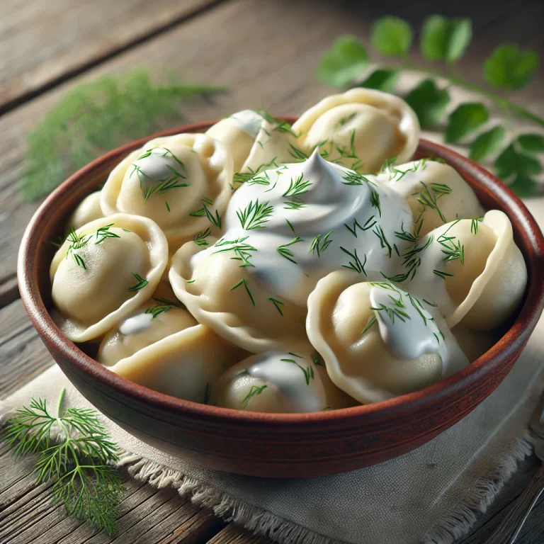 Pelmeni tejföllel és kaporral tálalva