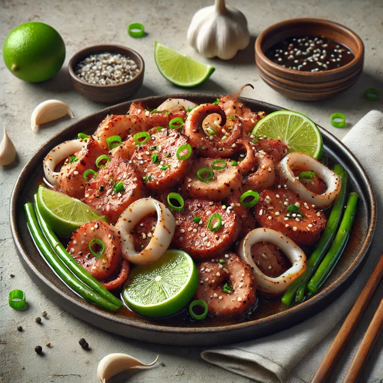 Osam-bulgogi tálalva, sertéshússal és tintahallal