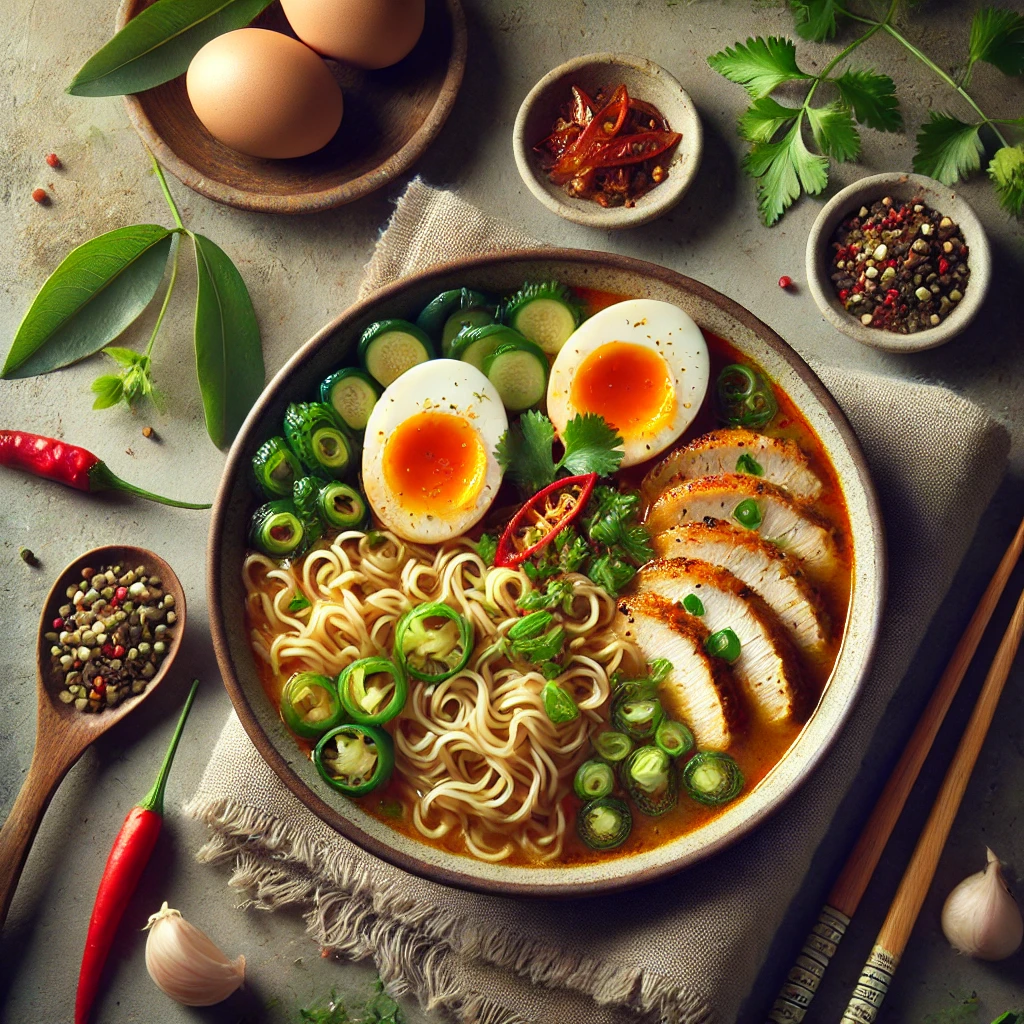 Tamarindos laksa, tészta és csirke, ropogós zöldségekkel tálalva