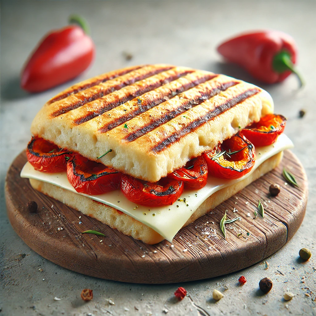 Finom panini pörkölt paprikával és mozzarellával, grillezve