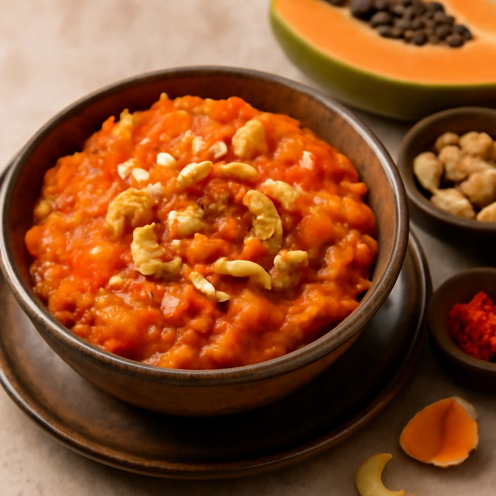 Indiai édesség Papaya ka Halwa készítése pörkölt dióval és rózsavízzel