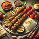 Patlıcan kebab nyárs padlizsánnal és húsgolyóval, grillezett zöldségekkel, lapos kenyérrel és bulgurral tálalva