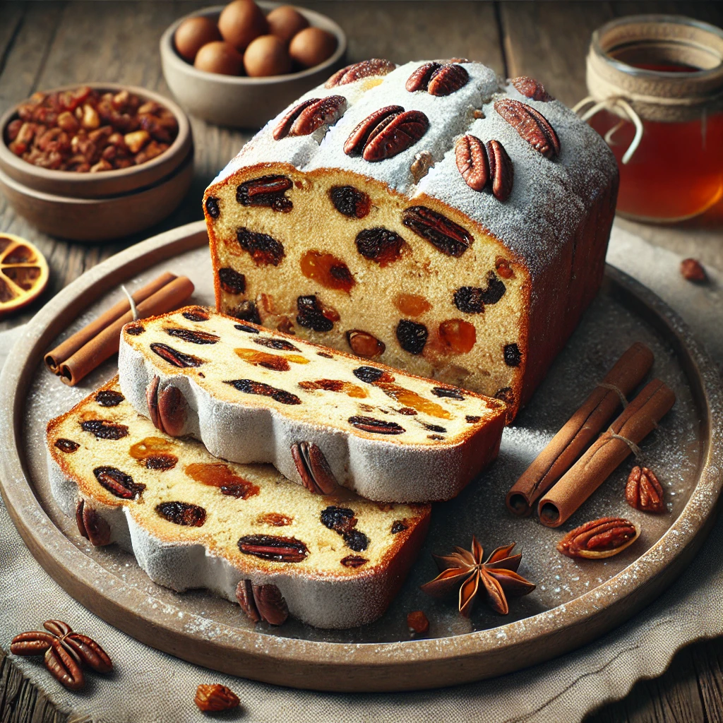Porcukorral szórt stollen szeletek pekándióval és rumos mazsolával
