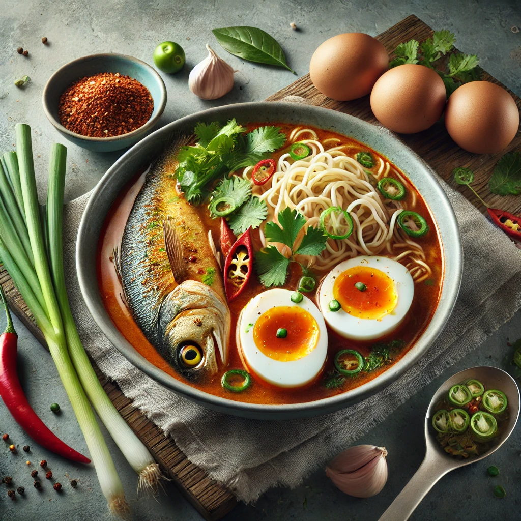 Tamarindos laksa, tészta és halhús, ropogós zöldségekkel tálalva
