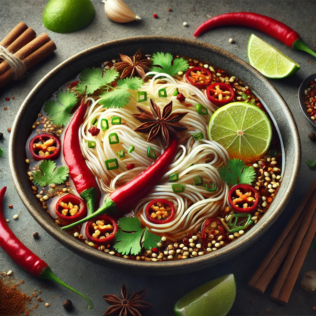 Gazdag vietnami pho leves csípős chili paprikával és friss korianderrel