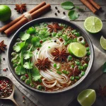 Pho fűszeres változat tálban tálalt fűszeres rizstészta leves, friss korianderrel és lime szeletekkel