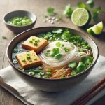 Pho tofuval tálban tálalt tofus rizstészta leves, friss korianderrel és lime szeletekkel