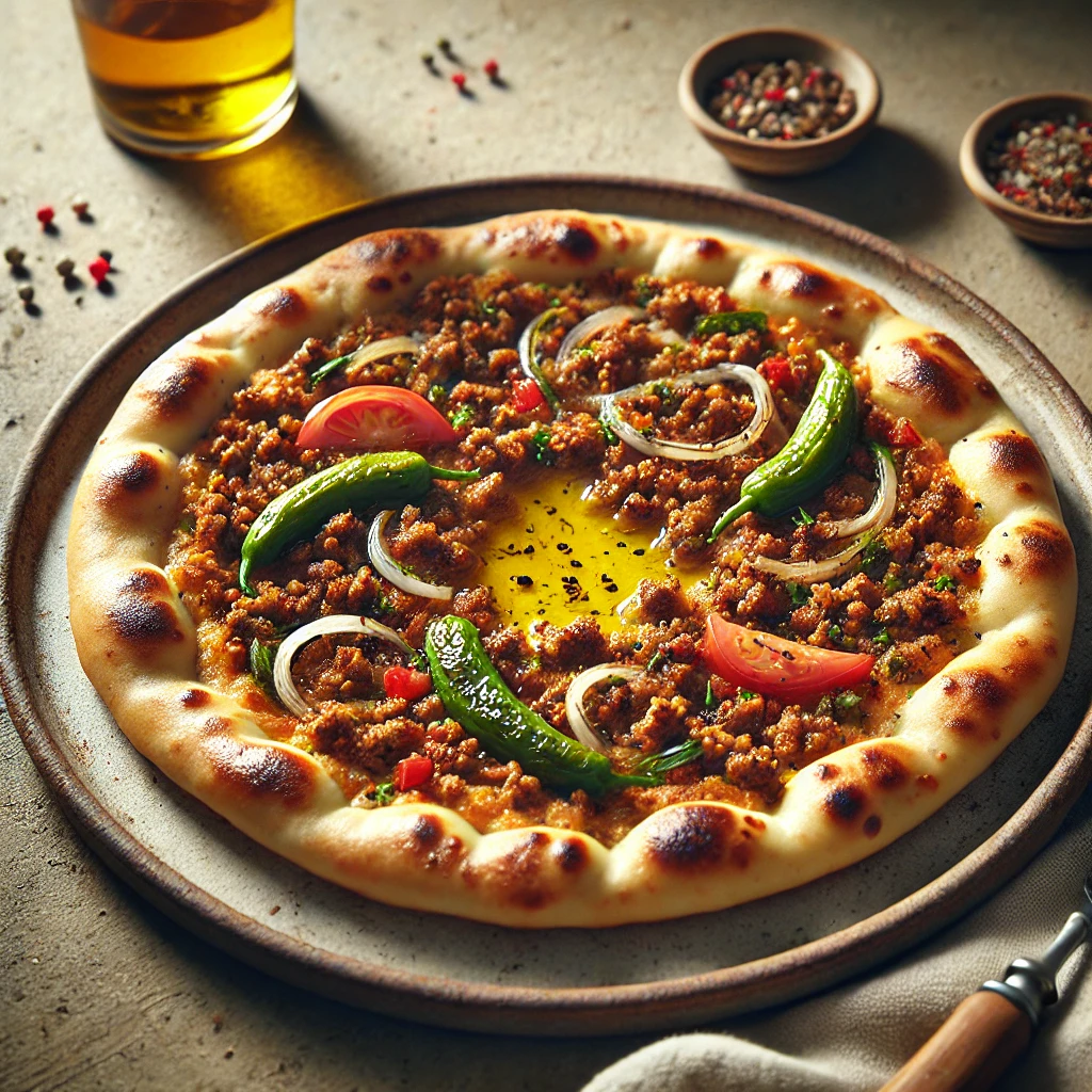 Friss Pide házilag, olívaolajjal és fűszeres húsos töltelékkel