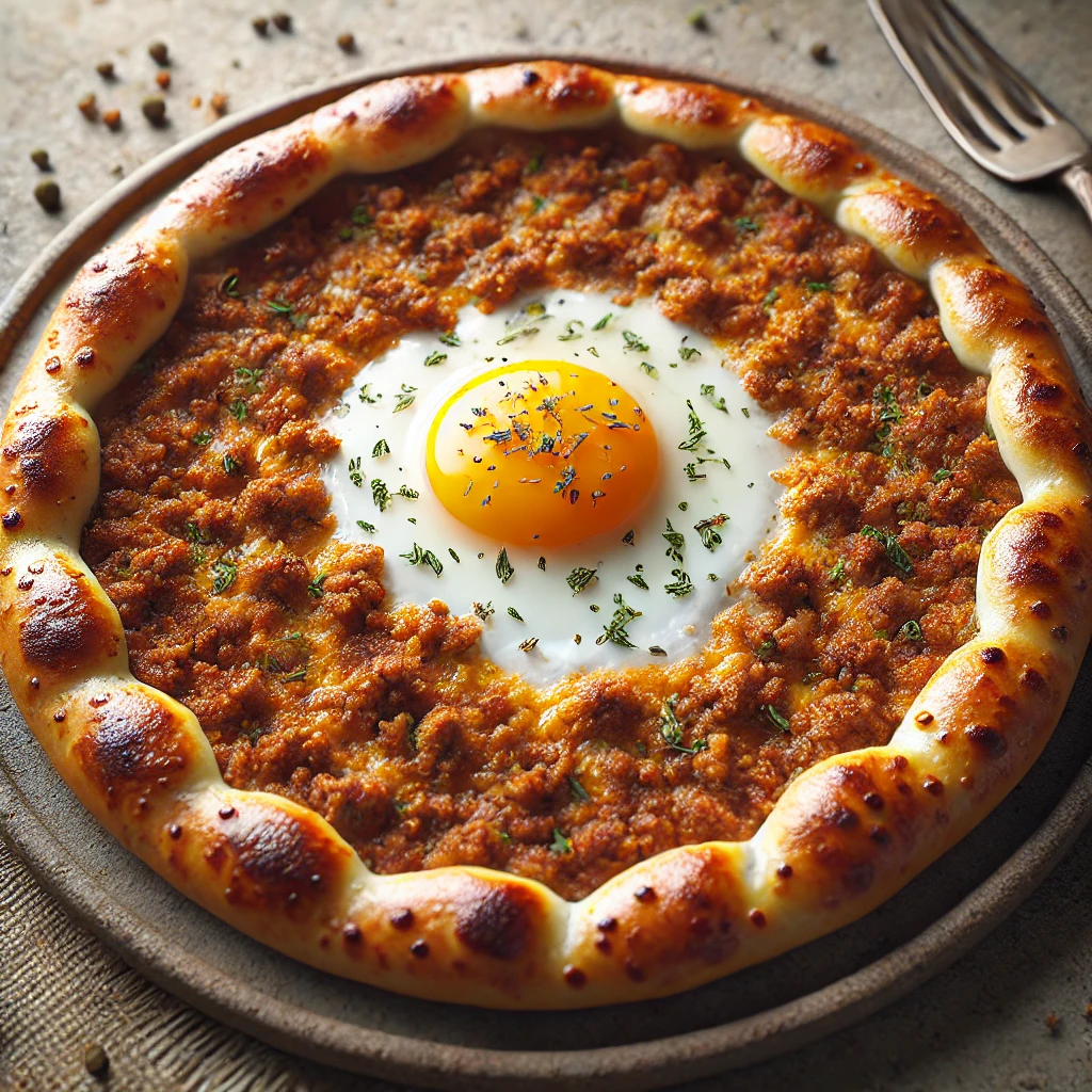 Friss Pide házilag, tojással és fűszeres húsos töltelékkel