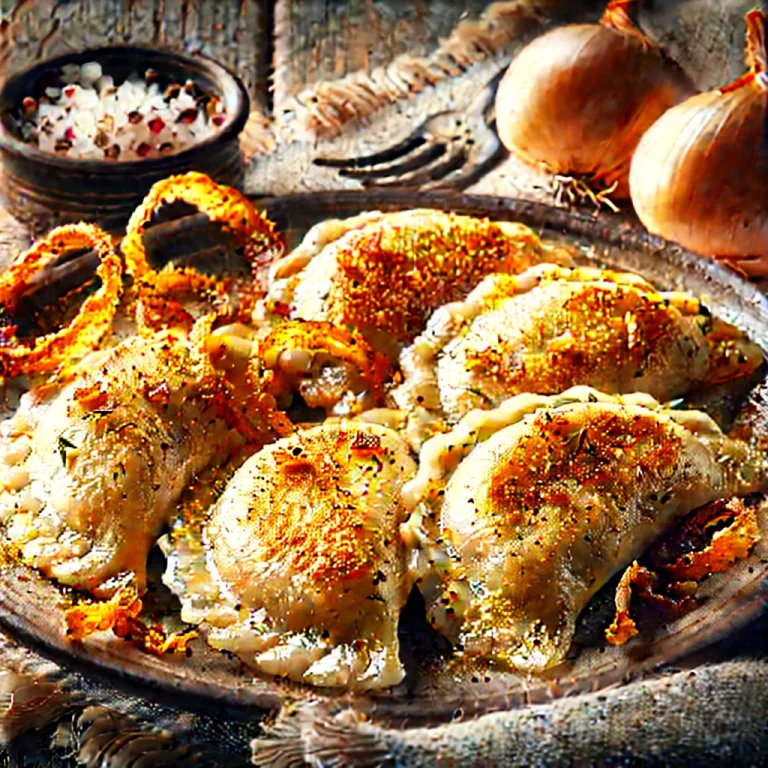 Pierogi fűszeresen, fűszeres túrós töltelékkel tálalva